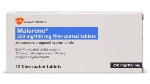 Malarone 250mg/100mg (adult strength; paediatric 62.5mg/25mg is a separate product, see Malarone Paediatric) Tablet