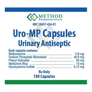 Uro-MP Methenamine 118 mg / sodium phosphate monobasic 40.8 mg / phenyl salicylate 36 mg / methylene blue 10 mg / hyoscyamine sulfate 0.12 mg Capsule